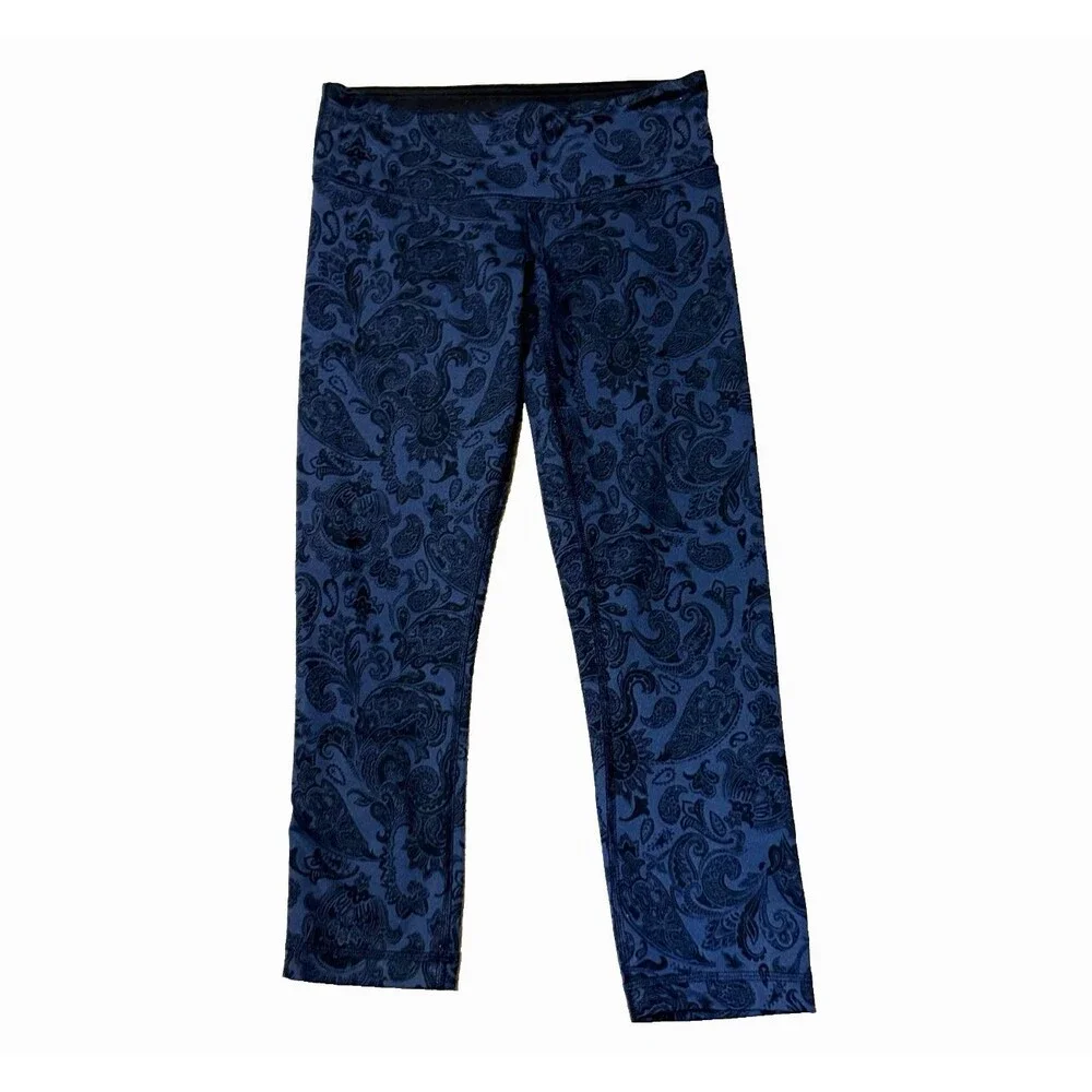 Lululemon Wunder Under Crop Leggings Womens 6 Blue Paisley Yoga Athletic Pants